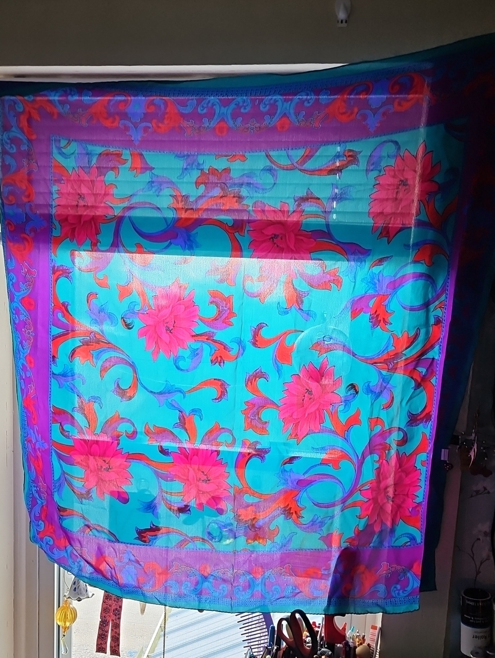 Vibrant Teal Floral Lightweight Vintage Silk Scarf